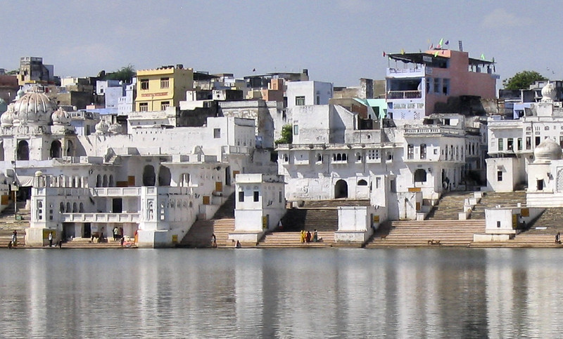 Beautiful veiw of temples, house near Pushkar lake 